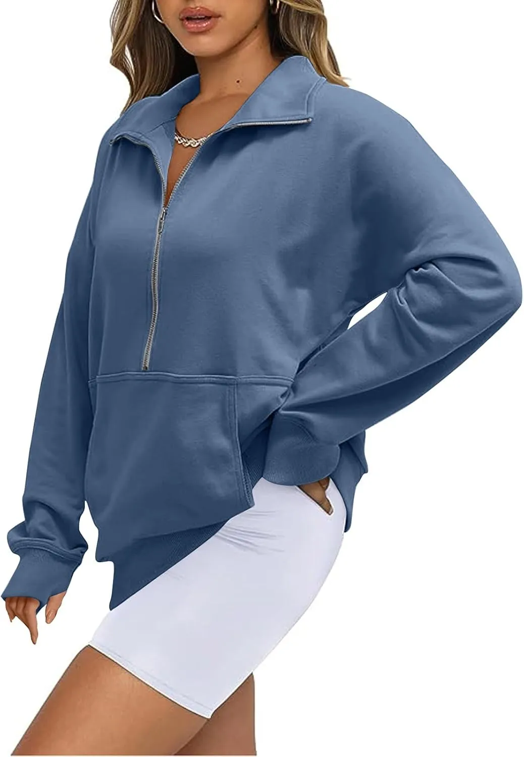 Womens Half Zip Pullover Cropped Oversized Sweatshirt Y2k Fleece Sweater Stand Collar Preppy Clothes with Thumb Holes
