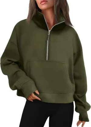 Womens Half Zip Pullover Cropped Oversized Sweatshirt Y2k Fleece Sweater Stand Collar Preppy Clothes with Thumb Holes