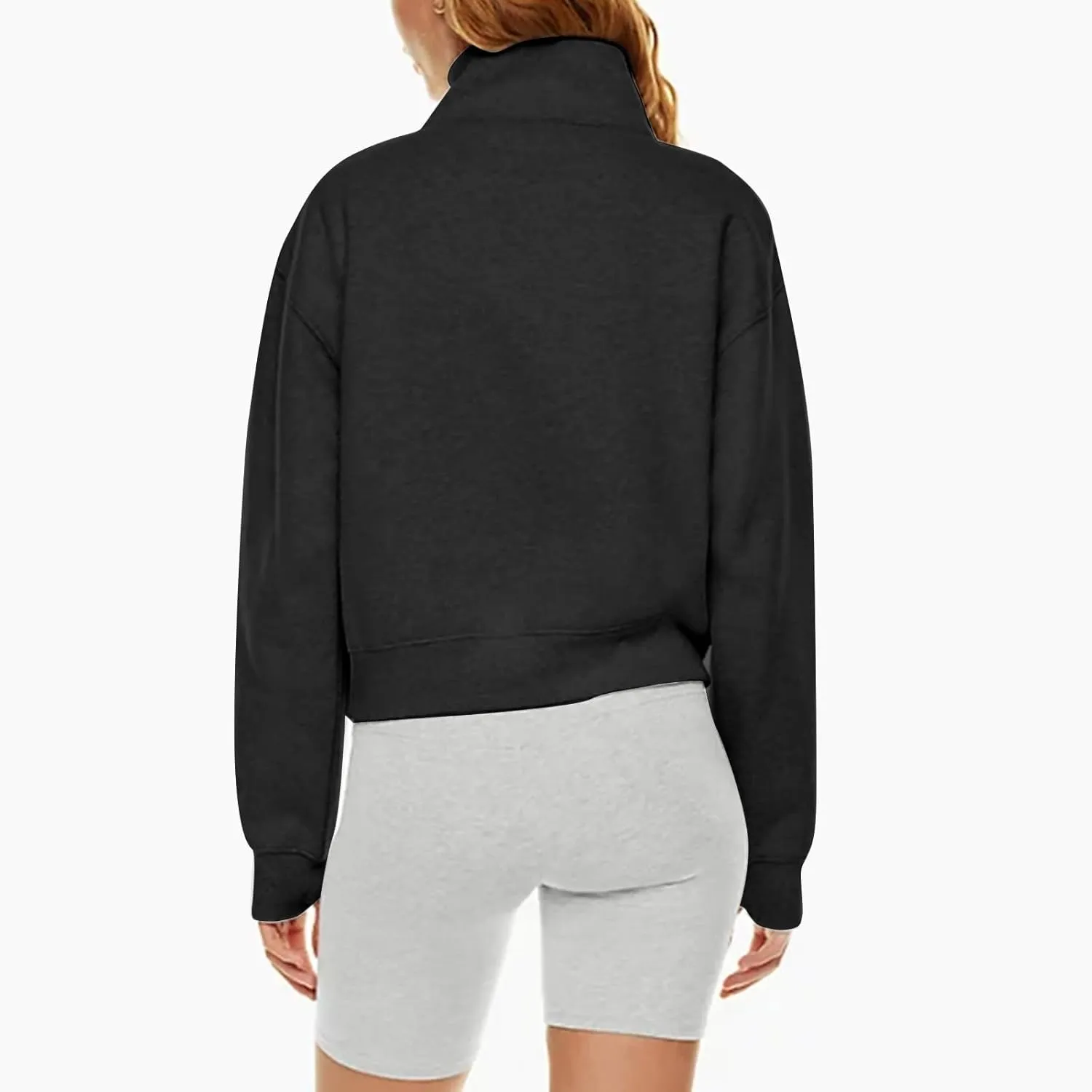 Womens Half Zip Pullover Cropped Oversized Sweatshirt Y2k Fleece Sweater Stand Collar Preppy Clothes with Thumb Holes