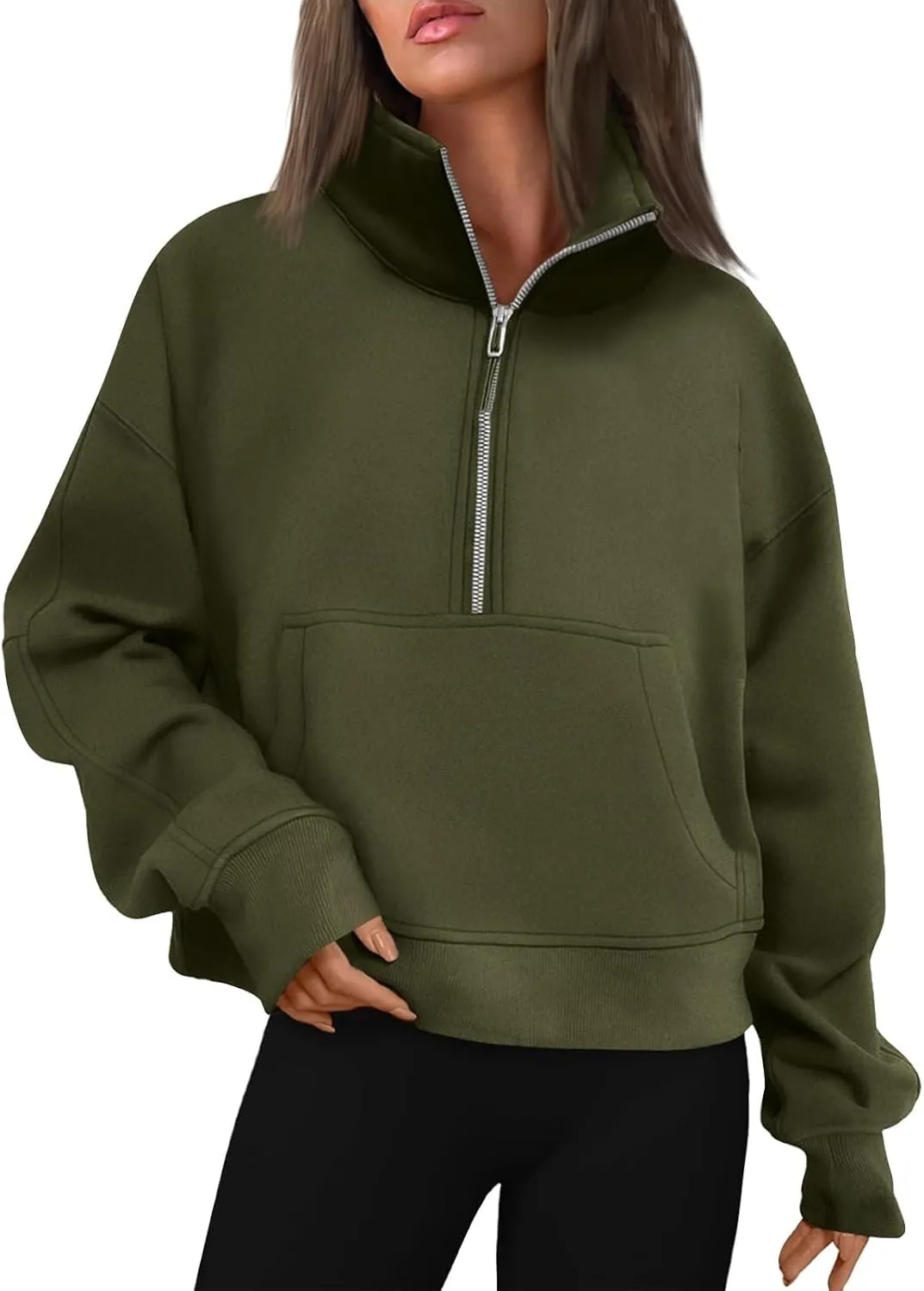 Womens Half Zip Pullover Cropped Oversized Sweatshirt Y2k Fleece Sweater Stand Collar Preppy Clothes with Thumb Holes