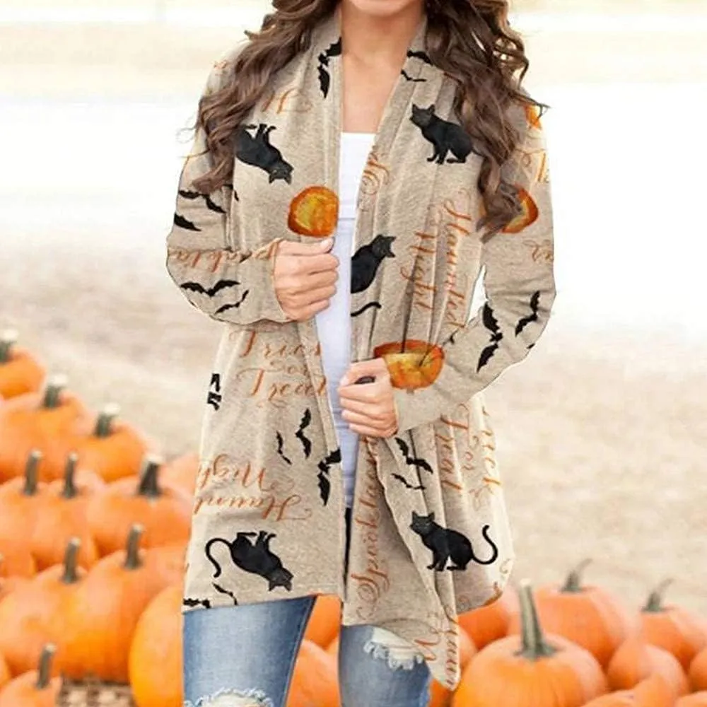 Women's Halloween Pumpkin Cat Print Knitting Cardigan Long Sleeve Open Front Knitted Sweater Outwear Coat Tops (Deep Gray