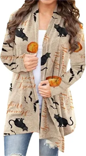 Women's Halloween Pumpkin Cat Print Knitting Cardigan Long Sleeve Open Front Knitted Sweater Outwear Coat Tops (Deep Gray