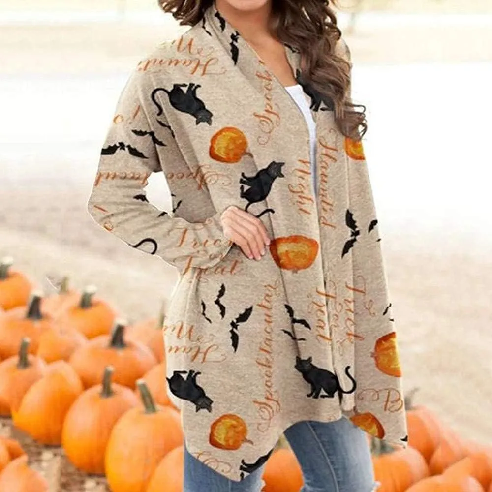Women's Halloween Pumpkin Cat Print Knitting Cardigan Long Sleeve Open Front Knitted Sweater Outwear Coat Tops (Deep Gray