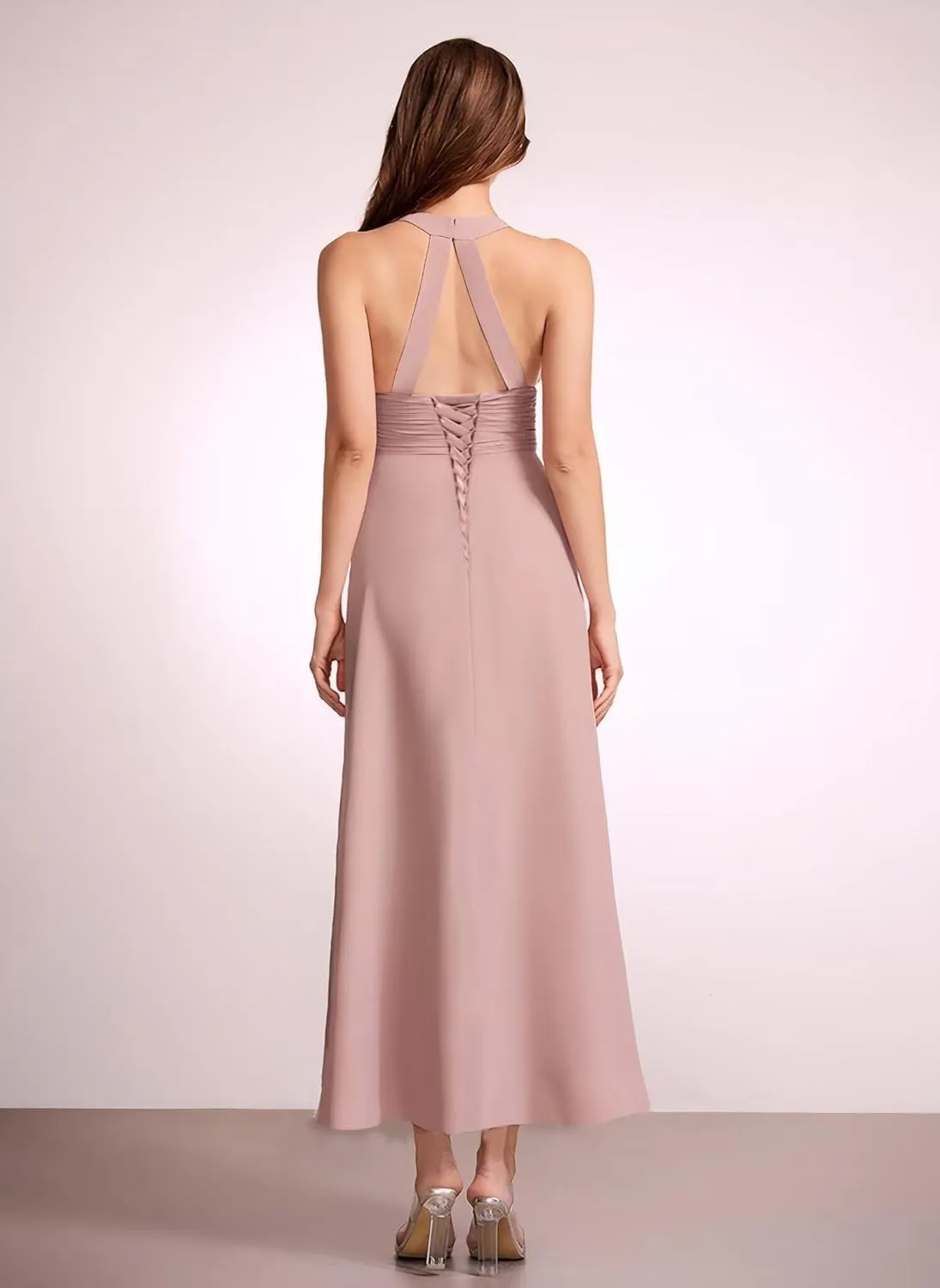Women's Halter V-Neck Bridesmaid Dresses with Ruffled Edge A Line Ruched Chiffon Formal Evening Gowns Sleeveless