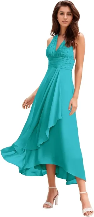 Women's Halter V-Neck Bridesmaid Dresses with Ruffled Edge A Line Ruched Chiffon Formal Evening Gowns Sleeveless