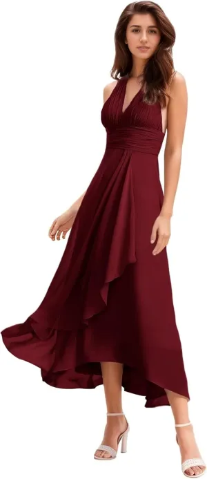 Women's Halter V-Neck Bridesmaid Dresses with Ruffled Edge A Line Ruched Chiffon Formal Evening Gowns Sleeveless