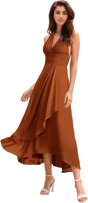 Women's Halter V-Neck Bridesmaid Dresses with Ruffled Edge A Line Ruched Chiffon Formal Evening Gowns Sleeveless