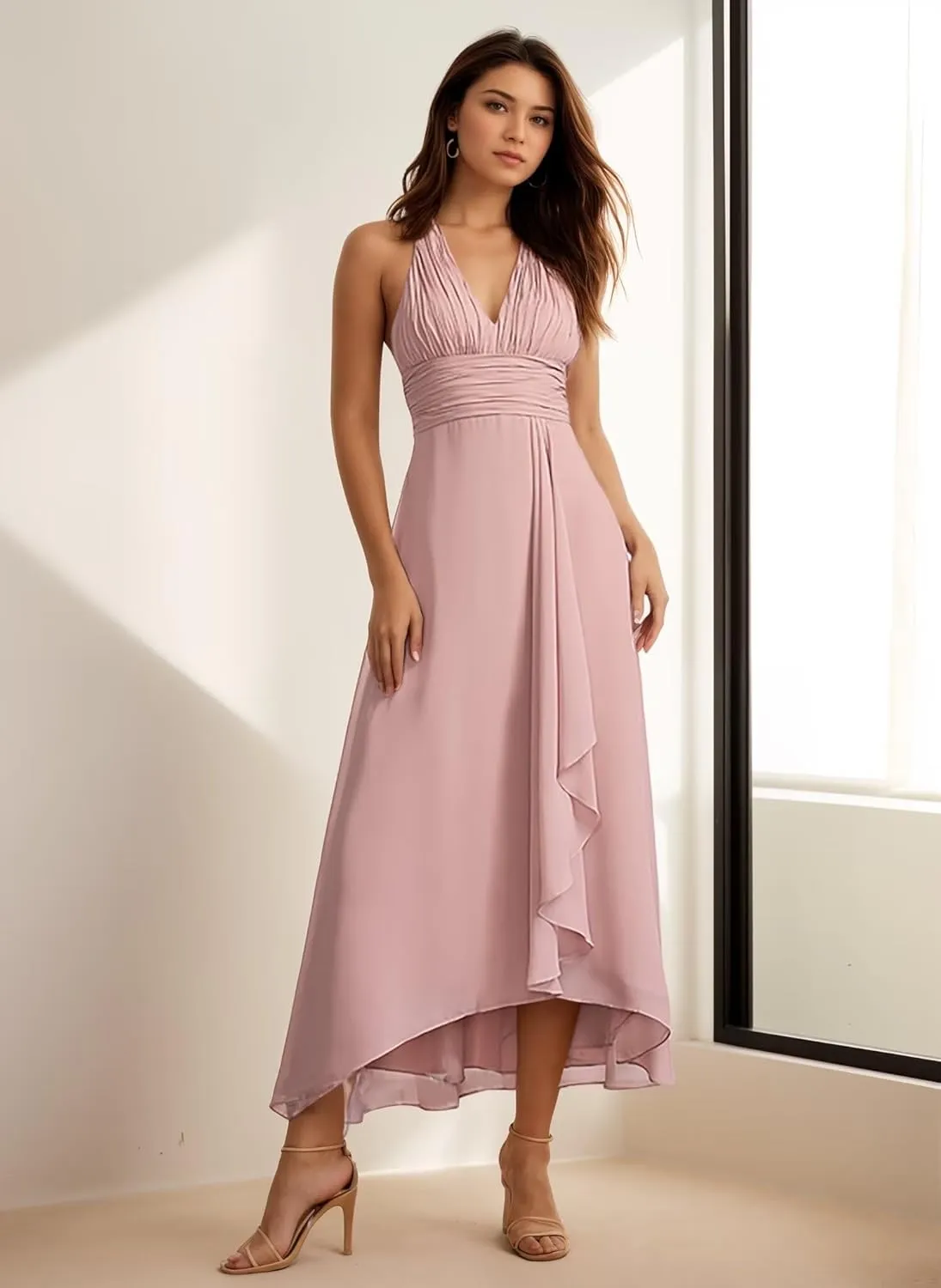 Women's Halter V-Neck Bridesmaid Dresses with Ruffled Edge A Line Ruched Chiffon Formal Evening Gowns Sleeveless