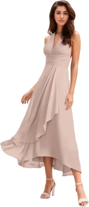 Women's Halter V-Neck Bridesmaid Dresses with Ruffled Edge A Line Ruched Chiffon Formal Evening Gowns Sleeveless