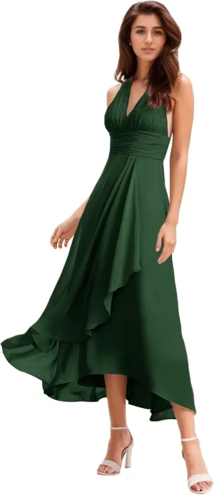 Women's Halter V-Neck Bridesmaid Dresses with Ruffled Edge A Line Ruched Chiffon Formal Evening Gowns Sleeveless