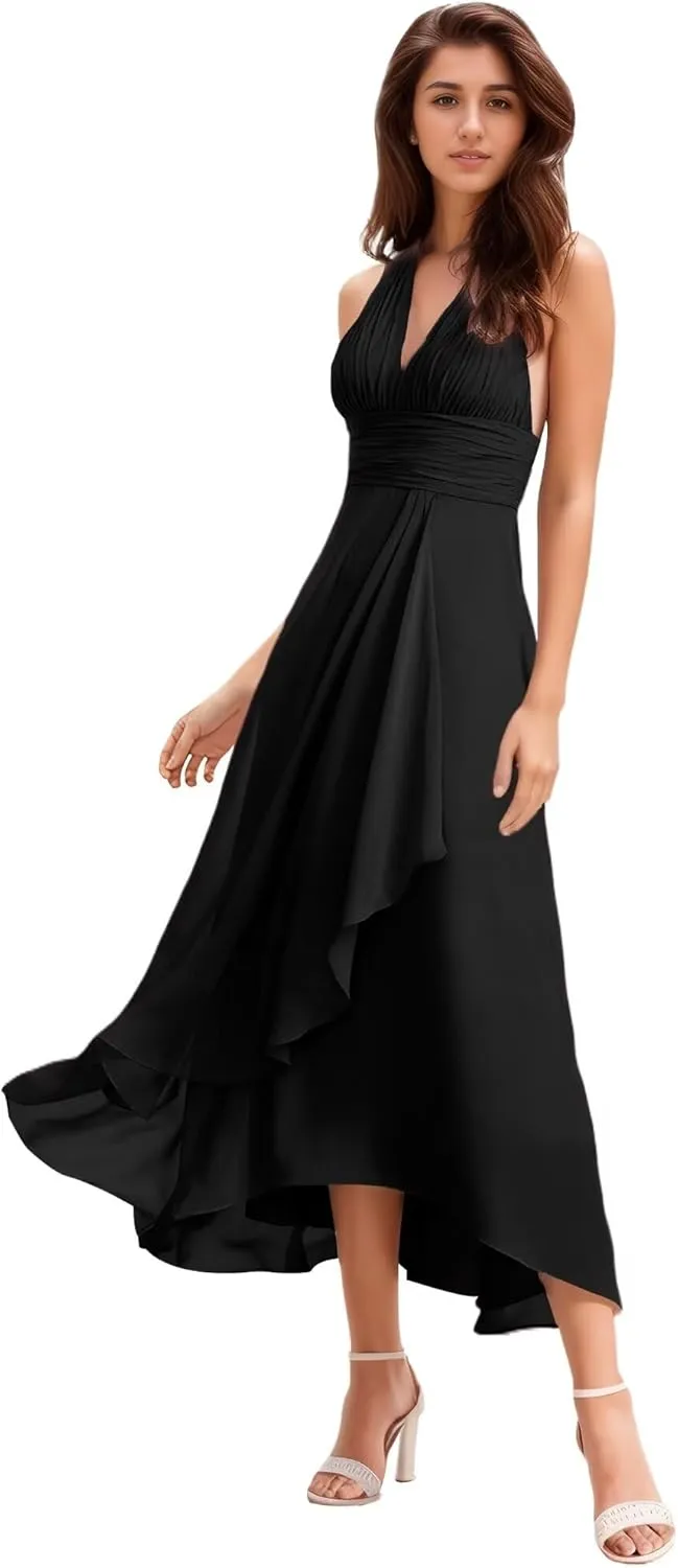 Women's Halter V-Neck Bridesmaid Dresses with Ruffled Edge A Line Ruched Chiffon Formal Evening Gowns Sleeveless