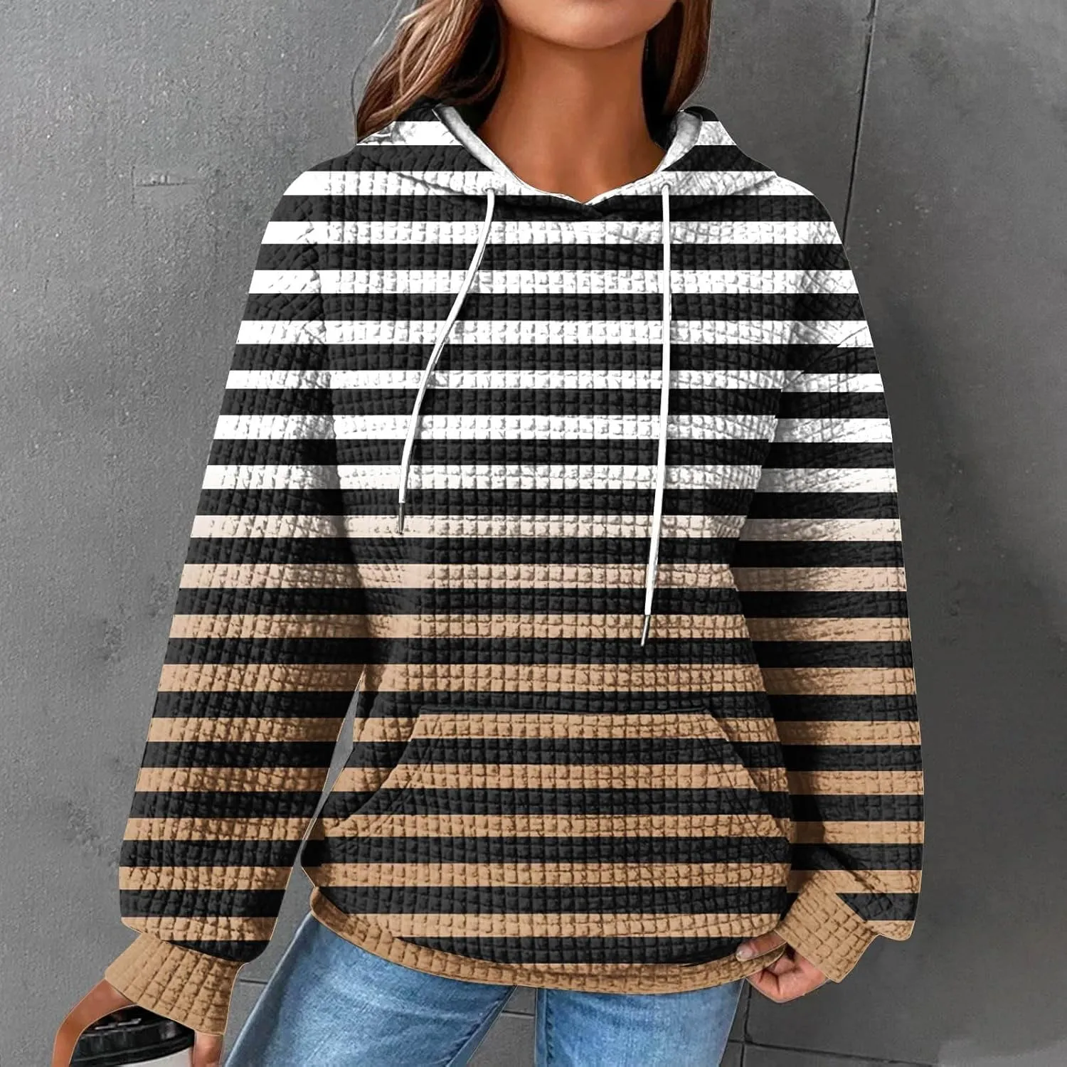 Womens Hoodies Casual Long Sleeve Drawstring Waffle Pullover Tops Solid Hoodie with Pockets