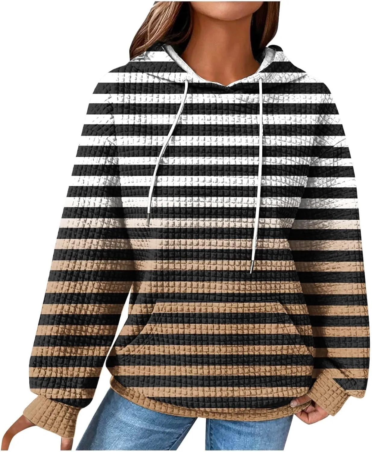 Womens Hoodies Casual Long Sleeve Drawstring Waffle Pullover Tops Solid Hoodie with Pockets