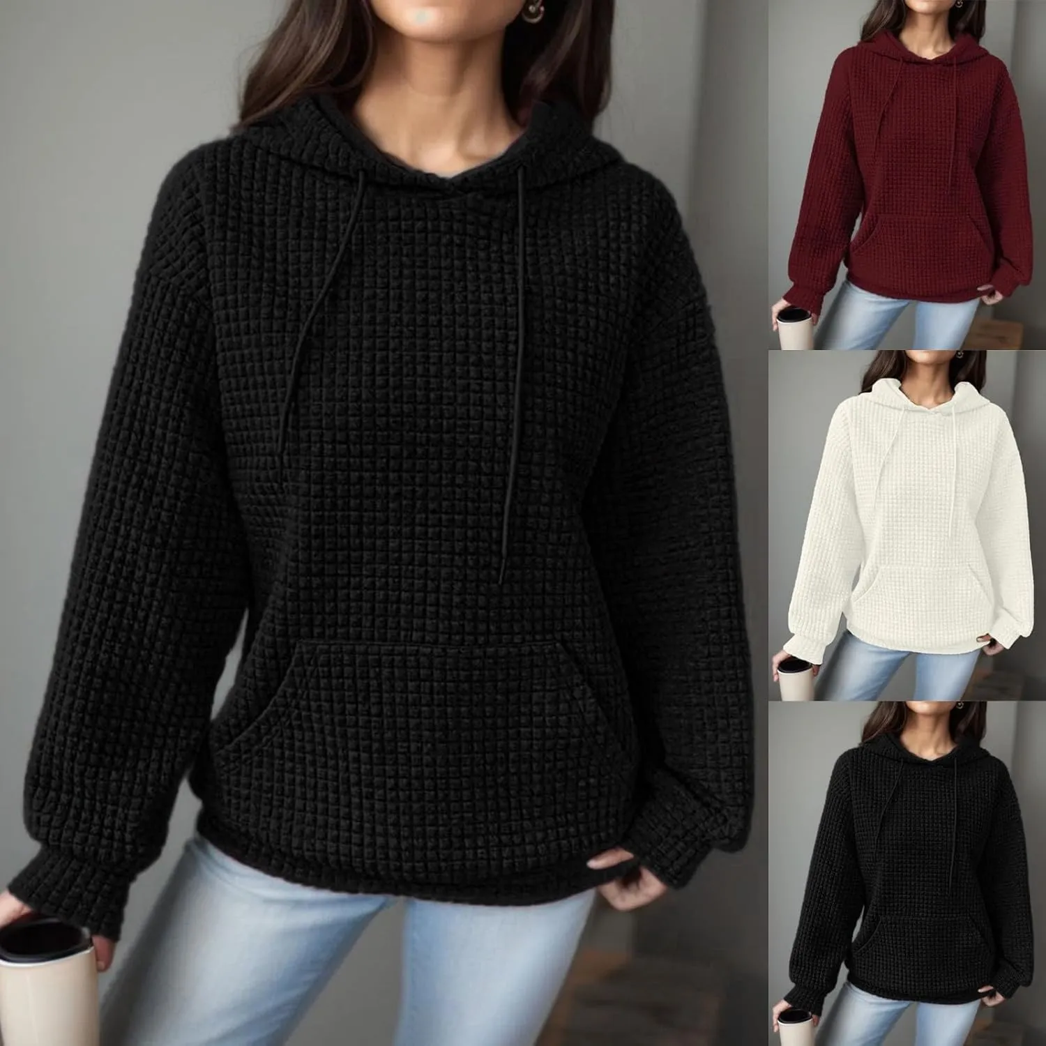 Womens Hoodies Casual Long Sleeve Waffle Knit Hooded Sweatshirts Solid Color Drawstring Pullover Sweaters Warm Tops