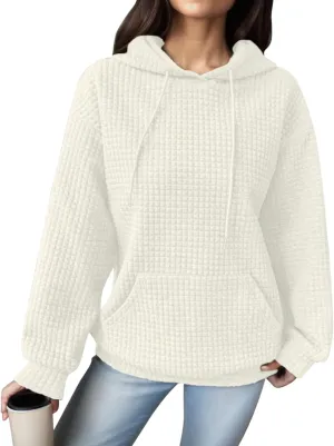 Womens Hoodies Casual Long Sleeve Waffle Knit Hooded Sweatshirts Solid Color Drawstring Pullover Sweaters Warm Tops