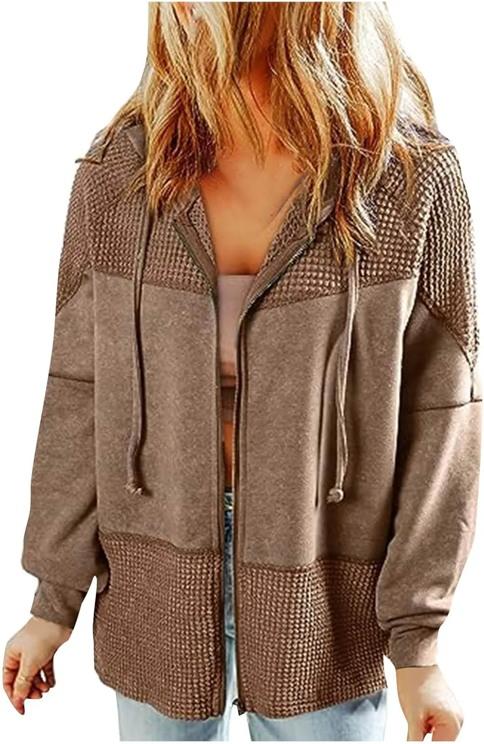 Womens Hoodies Long Sleeve Oversized Sweatshirt Zip Up Waffle Jacket Drawstring Colorblock Patchwork Hoodie Loose Coat