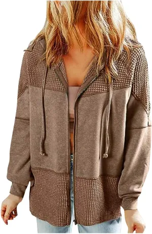 Womens Hoodies Long Sleeve Oversized Sweatshirt Zip Up Waffle Jacket Drawstring Colorblock Patchwork Hoodie Loose Coat
