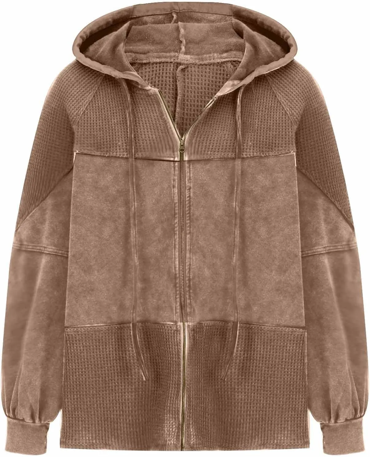 Womens Hoodies Long Sleeve Oversized Sweatshirt Zip Up Waffle Jacket Drawstring Colorblock Patchwork Hoodie Loose Coat
