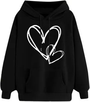 Womens Hoodies Pullover Fall Fashion Love Heart Print Long Sleeve Oversized Sweatshirt Loose Fit Blouses with Pockets