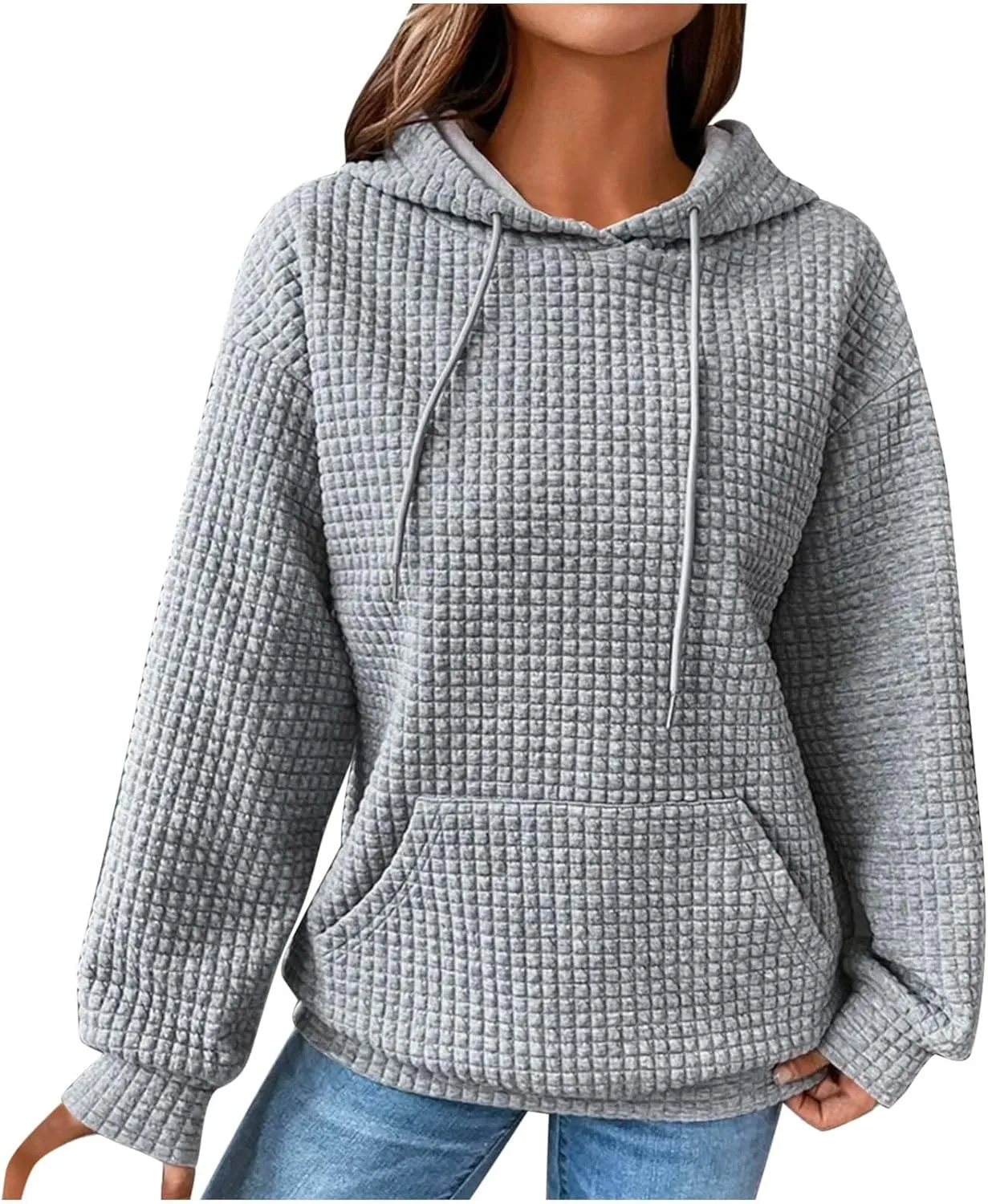 Womens Hoodies Waffle Hooded Sweatshirt Long Sleeve Casual Loose Fit Pullover Tops 2024 Fall Fashion with Pocket