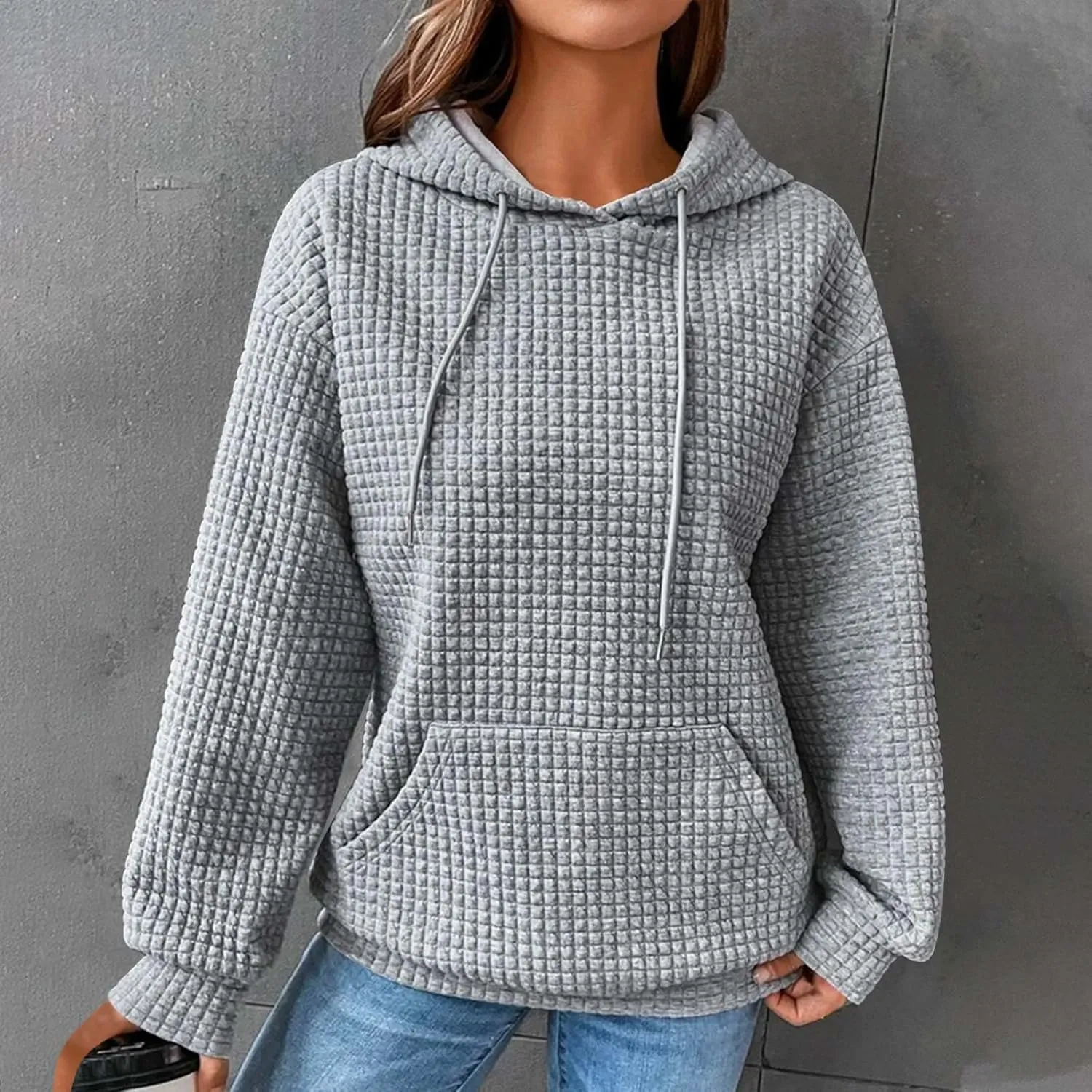 Womens Hoodies Waffle Hooded Sweatshirt Long Sleeve Casual Loose Fit Pullover Tops 2024 Fall Fashion with Pocket