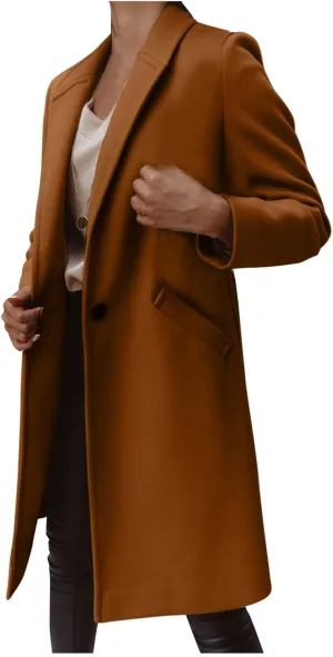 Women's Lapel Collar Wool Pea Coat Long Sleeve Casual Mid-Long Overcoats One Button Business Trench Coat Winter Jacket