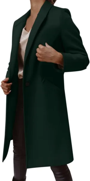 Women's Lapel Collar Wool Pea Coat Long Sleeve Casual Mid-Long Overcoats One Button Business Trench Coat Winter Jacket