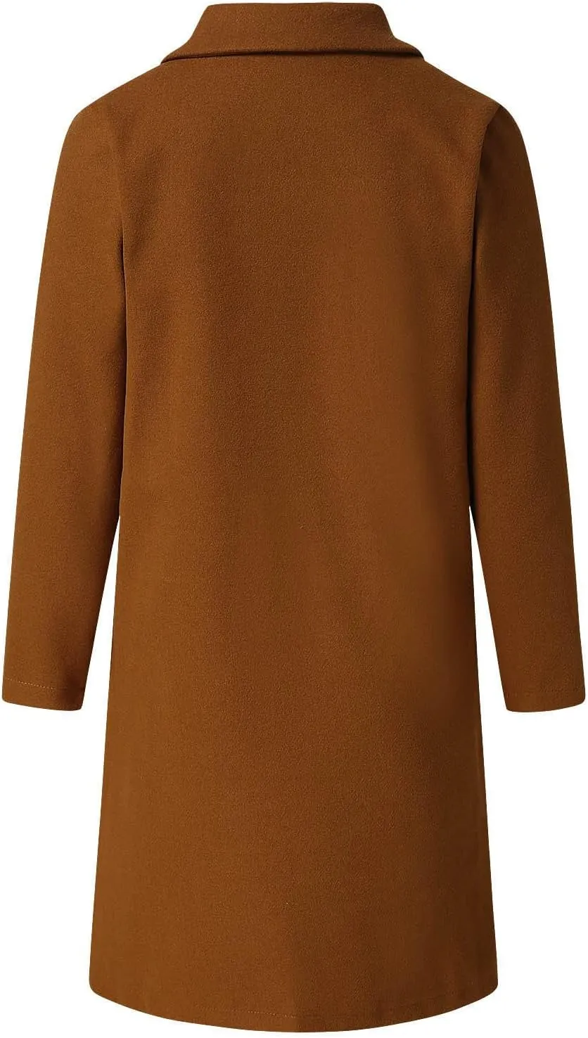 Women's Lapel Collar Wool Pea Coat Long Sleeve Casual Mid-Long Overcoats One Button Business Trench Coat Winter Jacket