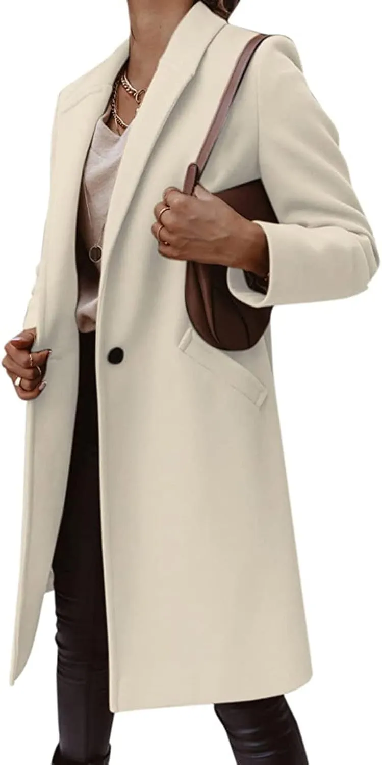 Women's Lapel Collar Wool Pea Coat Long Sleeve Casual Mid-Long Overcoats One Button Business Trench Coat Winter Jacket