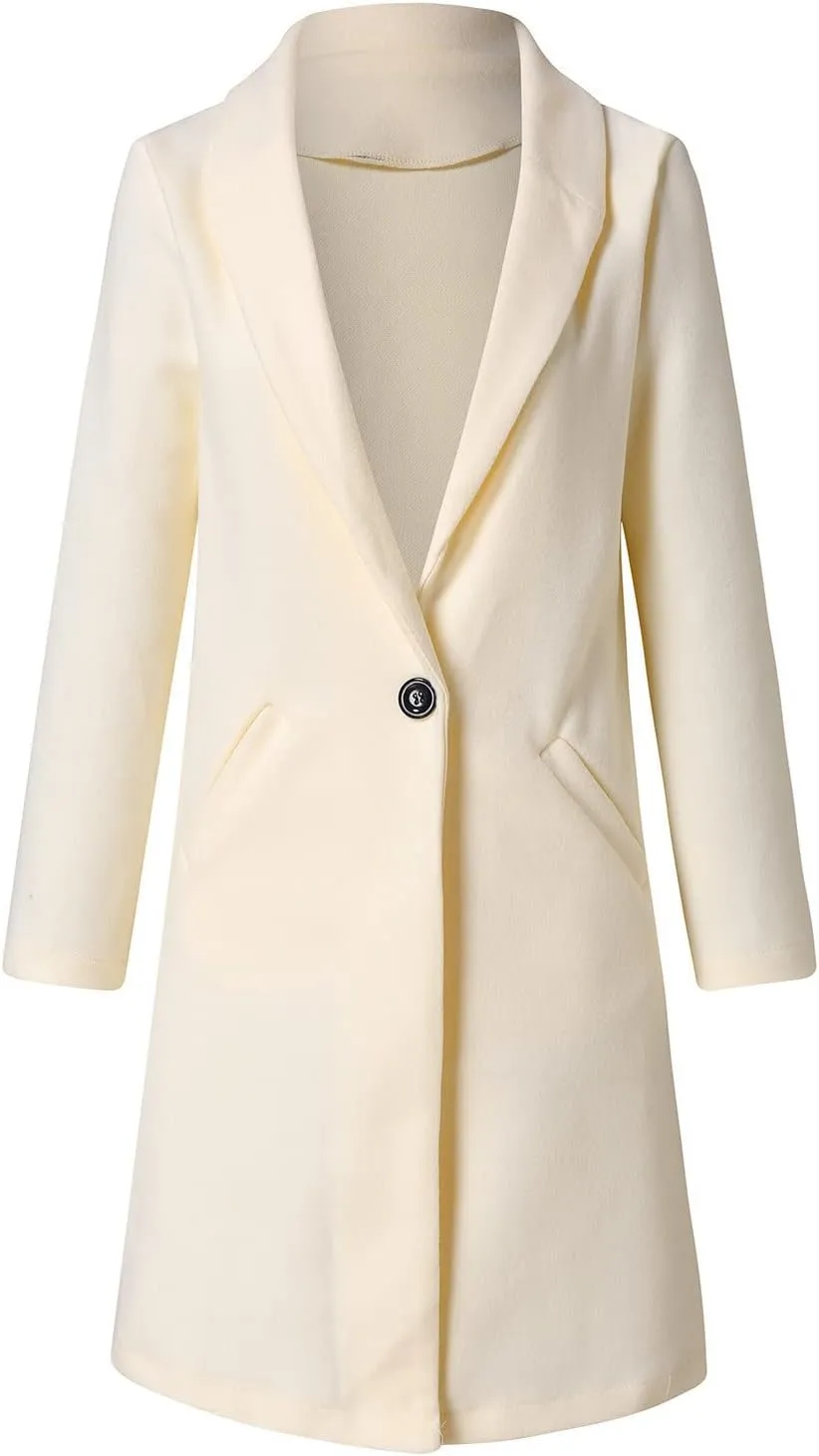 Women's Lapel Collar Wool Pea Coat Long Sleeve Casual Mid-Long Overcoats One Button Business Trench Coat Winter Jacket