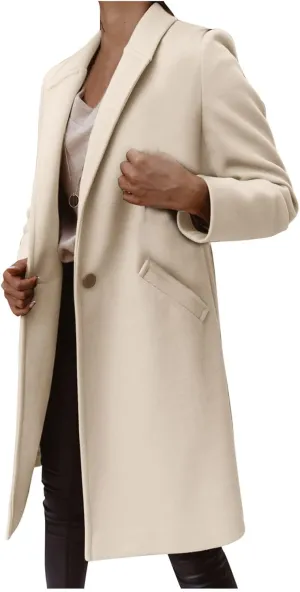 Women's Lapel Collar Wool Pea Coat Long Sleeve Casual Mid-Long Overcoats One Button Business Trench Coat Winter Jacket