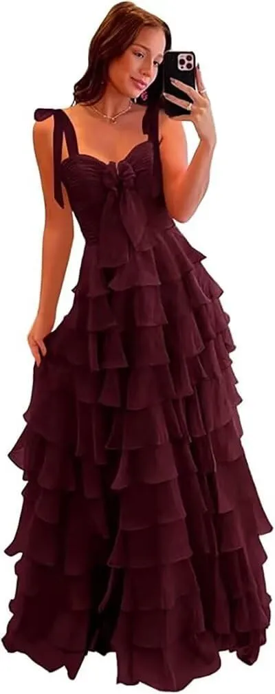 Womens Layered Prom Dresses with Bow 2025 Spaghetti Strap Sweet Tiered Ball Gown for Teens Long Chiffon Party Dress