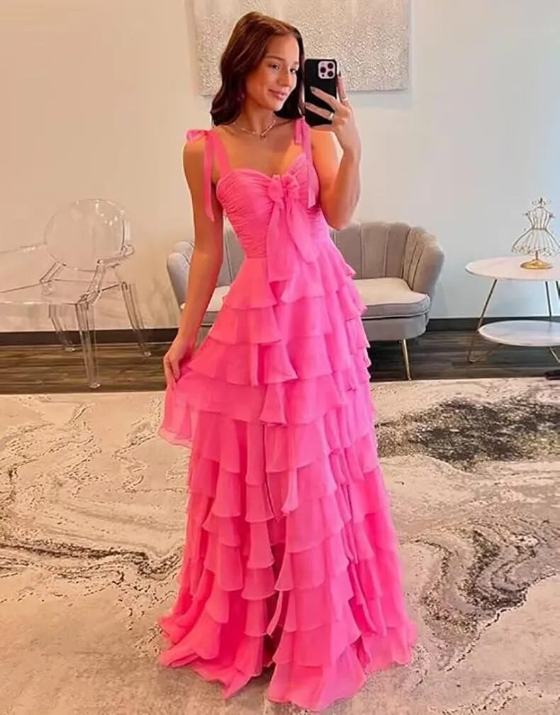 Womens Layered Prom Dresses with Bow 2025 Spaghetti Strap Sweet Tiered Ball Gown for Teens Long Chiffon Party Dress