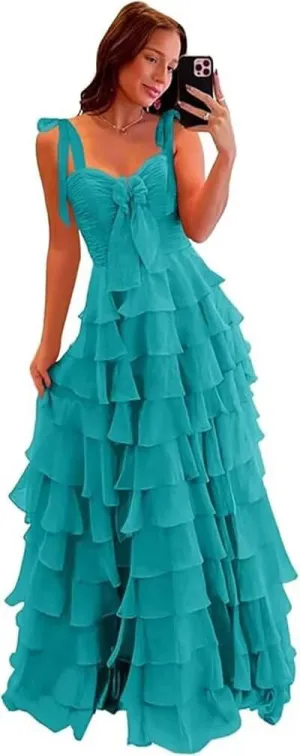 Womens Layered Prom Dresses with Bow 2025 Spaghetti Strap Sweet Tiered Ball Gown for Teens Long Chiffon Party Dress