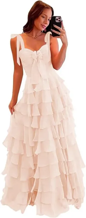 Womens Layered Prom Dresses with Bow 2025 Spaghetti Strap Sweet Tiered Ball Gown for Teens Long Chiffon Party Dress