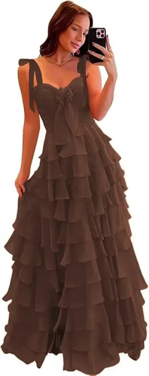 Womens Layered Prom Dresses with Bow 2025 Spaghetti Strap Sweet Tiered Ball Gown for Teens Long Chiffon Party Dress