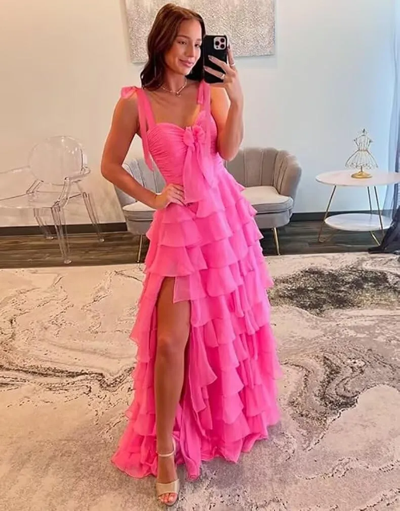 Womens Layered Prom Dresses with Bow 2025 Spaghetti Strap Sweet Tiered Ball Gown for Teens Long Chiffon Party Dress