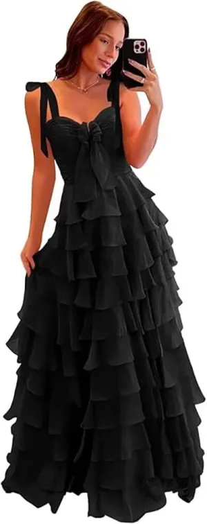 Womens Layered Prom Dresses with Bow 2025 Spaghetti Strap Sweet Tiered Ball Gown for Teens Long Chiffon Party Dress