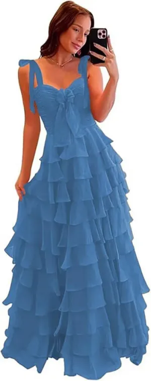 Womens Layered Prom Dresses with Bow 2025 Spaghetti Strap Sweet Tiered Ball Gown for Teens Long Chiffon Party Dress