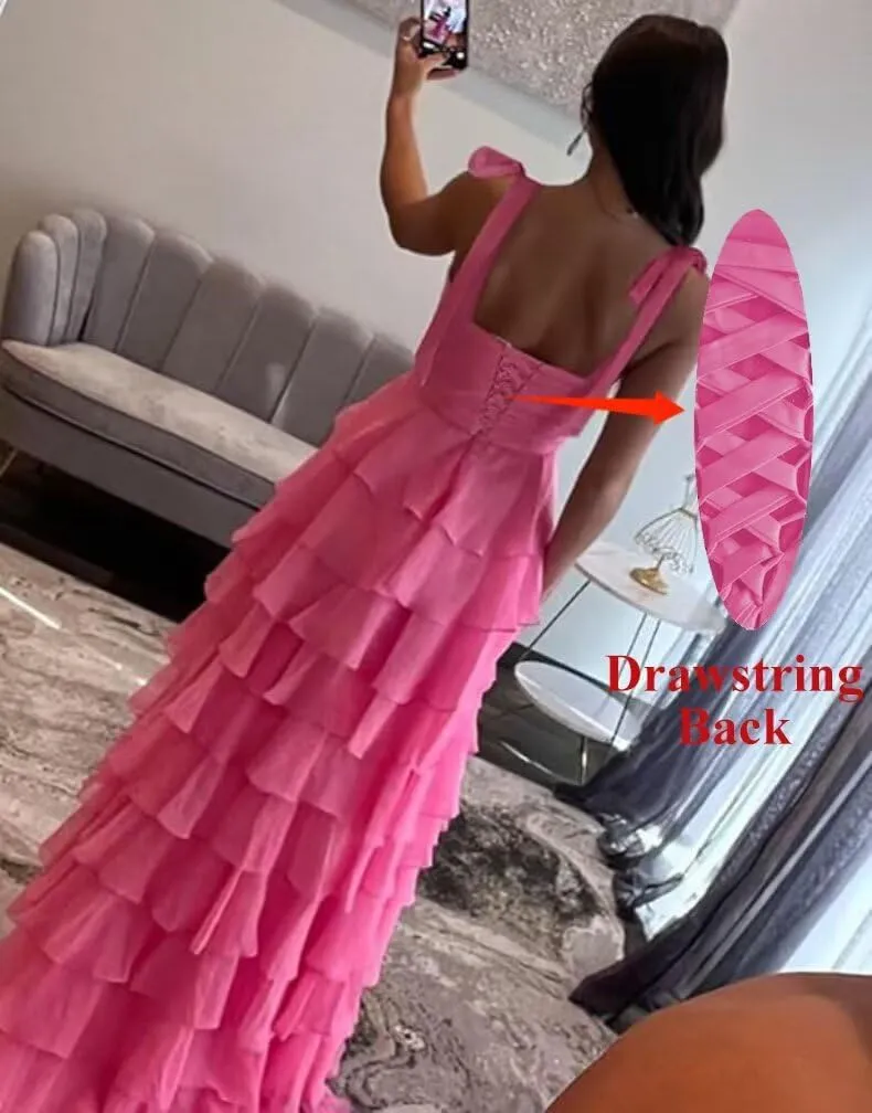 Womens Layered Prom Dresses with Bow 2025 Spaghetti Strap Sweet Tiered Ball Gown for Teens Long Chiffon Party Dress