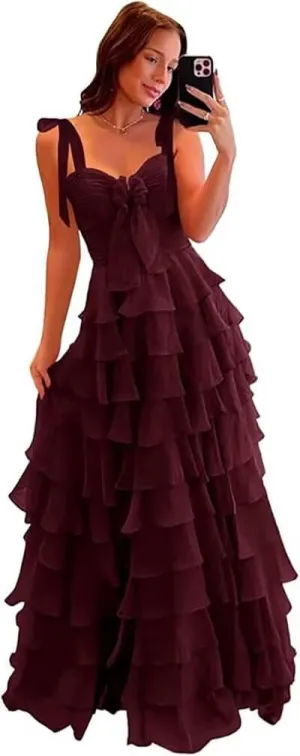 Womens Layered Prom Dresses with Bow 2025 Spaghetti Strap Sweet Tiered Ball Gown for Teens Long Chiffon Party Dress