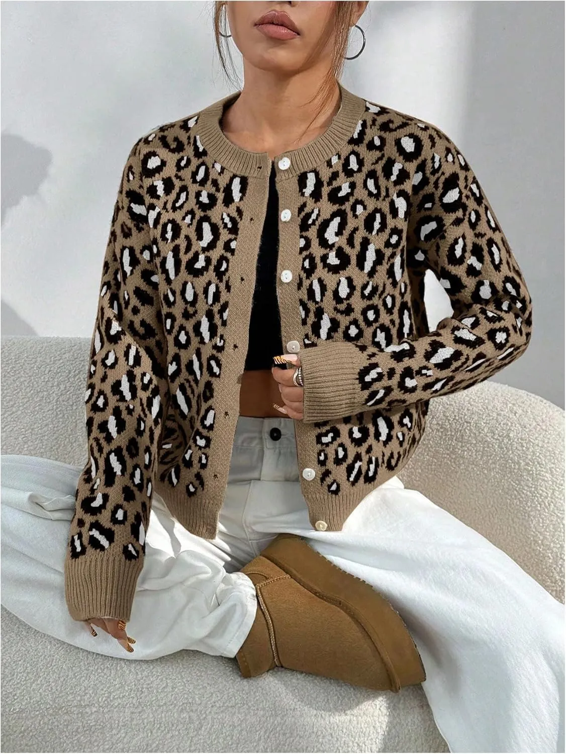 Women's Leopard Print Cardigan Sweater Drop Shoulder Cardigan Cheetah Button Down Crewneck Cardigan Sweater Knit Top