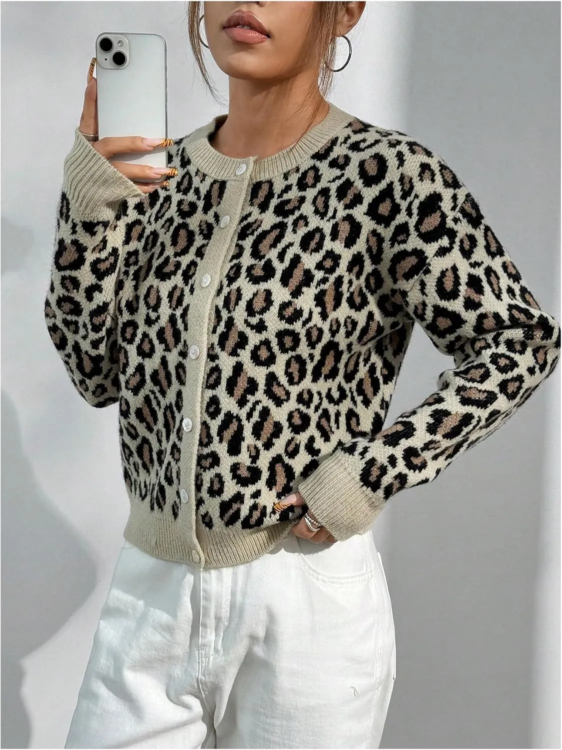 Women's Leopard Print Cardigan Sweater Drop Shoulder Cardigan Cheetah Button Down Crewneck Cardigan Sweater Knit Top