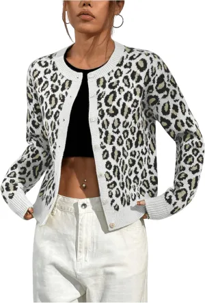 Women's Leopard Print Cardigan Sweater Drop Shoulder Cardigan Cheetah Button Down Crewneck Cardigan Sweater Knit Top