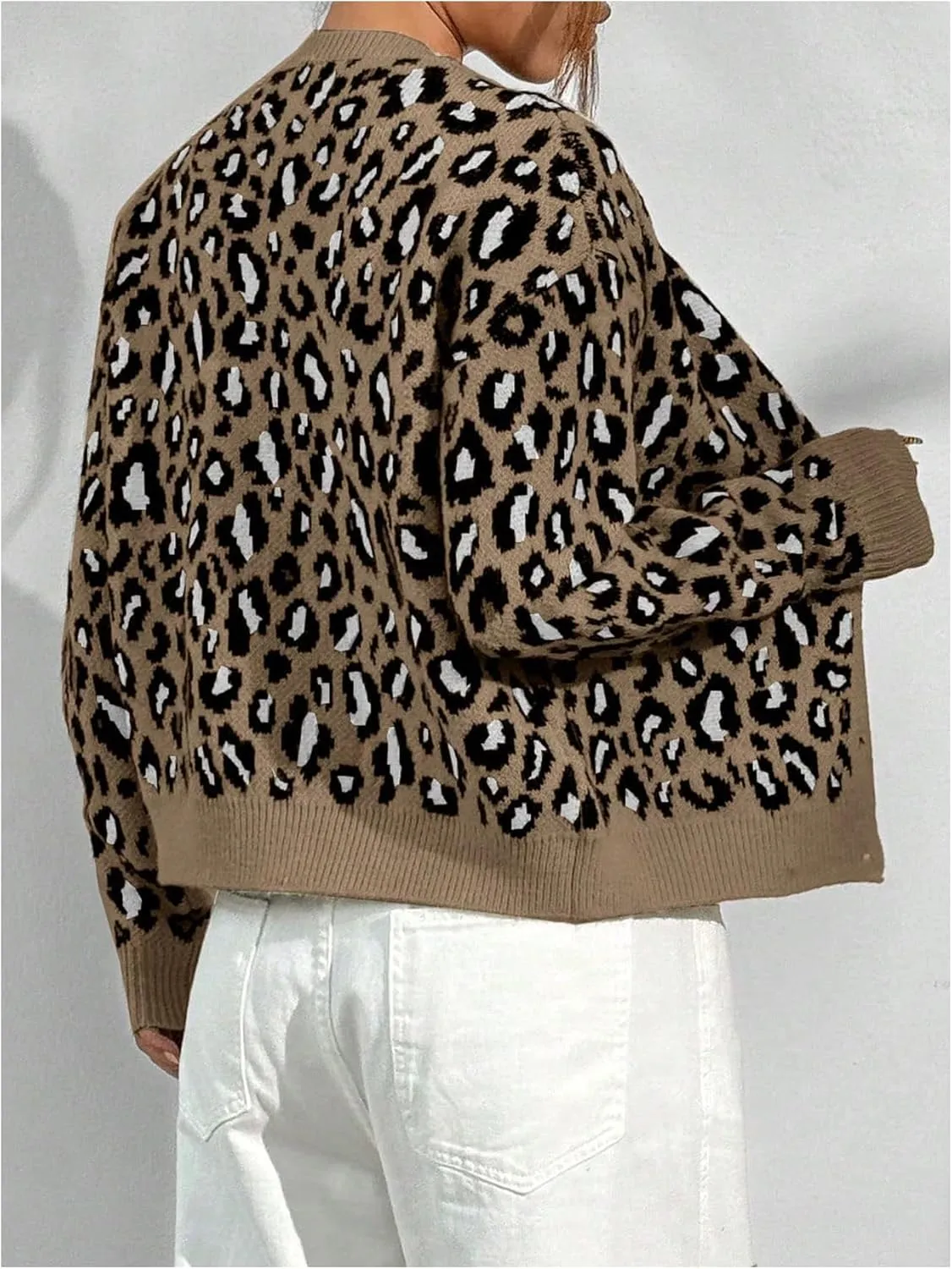 Women's Leopard Print Cardigan Sweater Drop Shoulder Cardigan Cheetah Button Down Crewneck Cardigan Sweater Knit Top