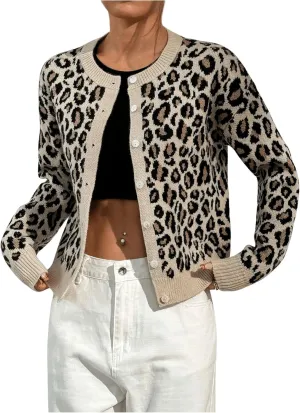 Women's Leopard Print Cardigan Sweater Drop Shoulder Cardigan Cheetah Button Down Crewneck Cardigan Sweater Knit Top