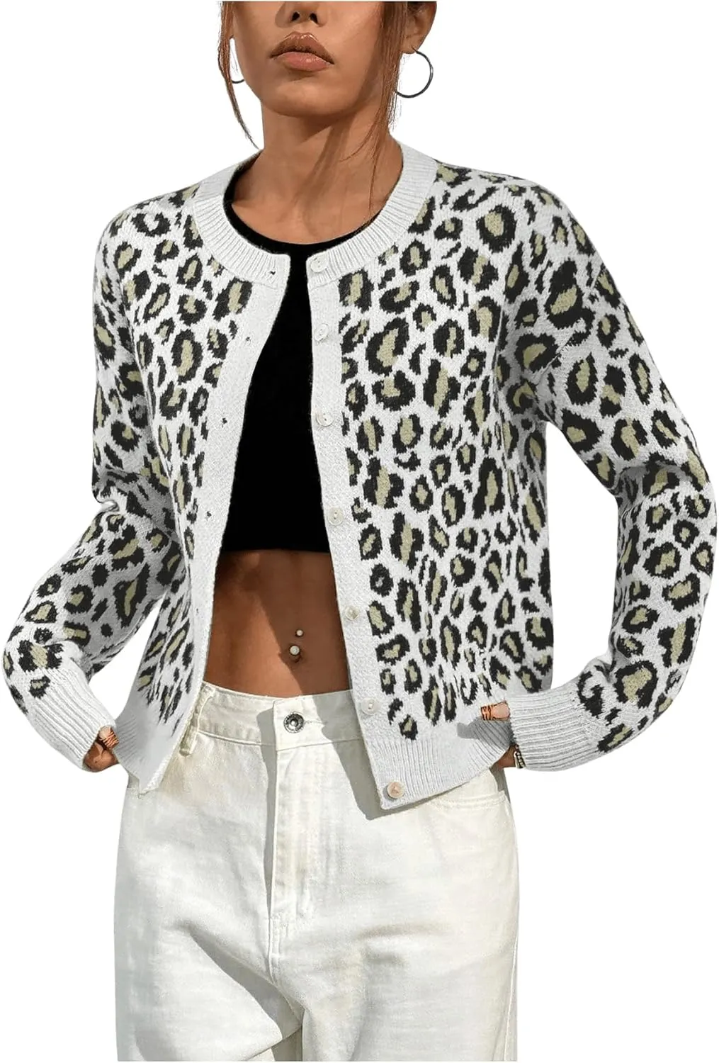 Women's Leopard Print Cardigan Sweater Drop Shoulder Cardigan Cheetah Button Down Crewneck Cardigan Sweater Knit Top
