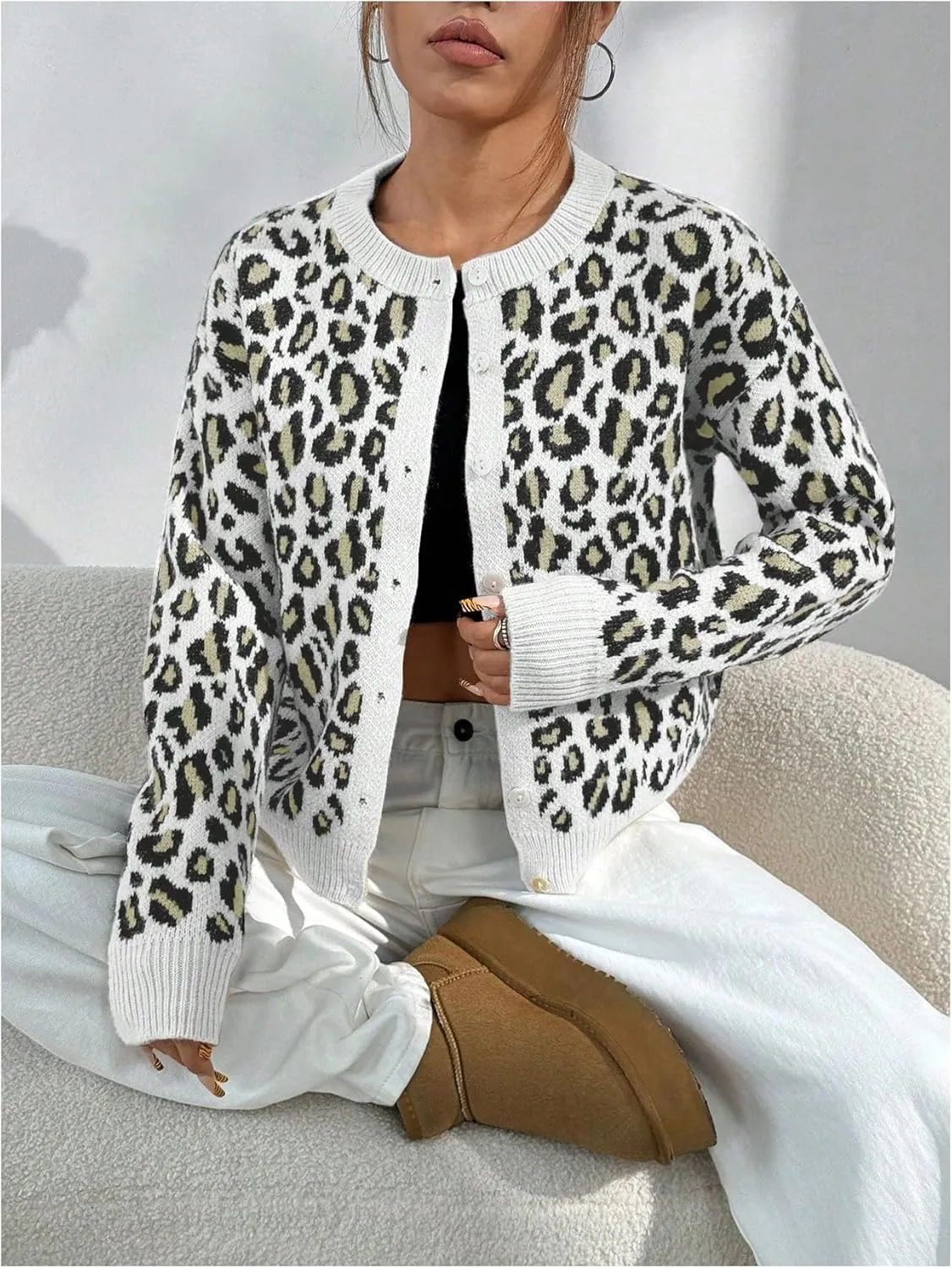 Women's Leopard Print Cardigan Sweater Drop Shoulder Cardigan Cheetah Button Down Crewneck Cardigan Sweater Knit Top