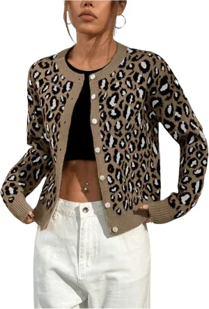 Women's Leopard Print Cardigan Sweater Drop Shoulder Cardigan Cheetah Button Down Crewneck Cardigan Sweater Knit Top