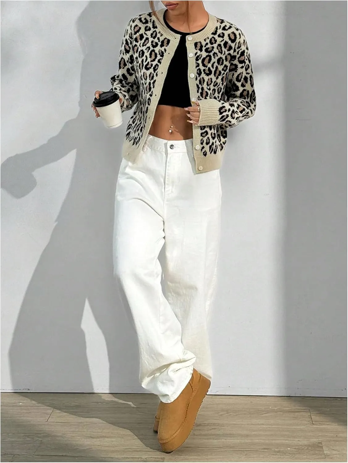 Women's Leopard Print Cardigan Sweater Drop Shoulder Cardigan Cheetah Button Down Crewneck Cardigan Sweater Knit Top